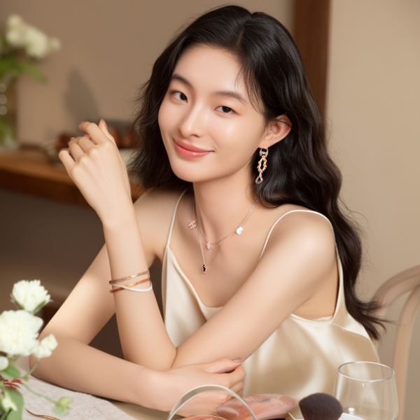 生活瞬间，美女，韩系美女，丝绸，美妆广告，家庭餐桌，4K超清，写实风格，温馨，柔和室内光，细腻皮肤，项链，耳环，手链。