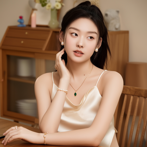 生活瞬间，美女，韩系美女，丝绸，美妆广告，家庭餐桌，4K超清，写实风格，温馨，柔和室内光，细腻皮肤，项链，耳环，手链。