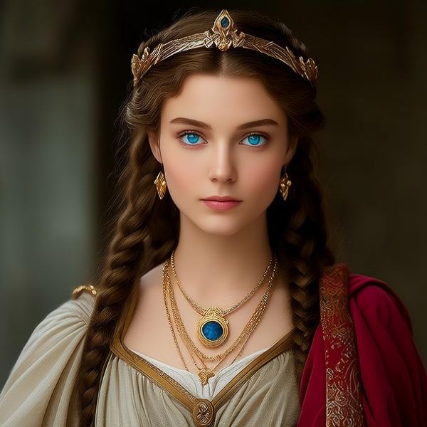 一位女神，蓝眼睛，棕色头发，身穿古罗马服装、佩戴金色珠宝。