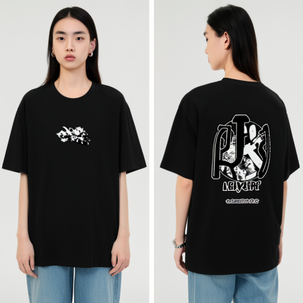 T恤样机，黑色T恤，牛仔短裤，女青年，正面照片和背后照片各一张